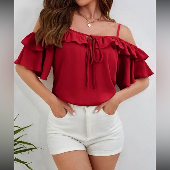 Boho cold shoulder knot front ruffle hem blouse - Picture 1 of 16